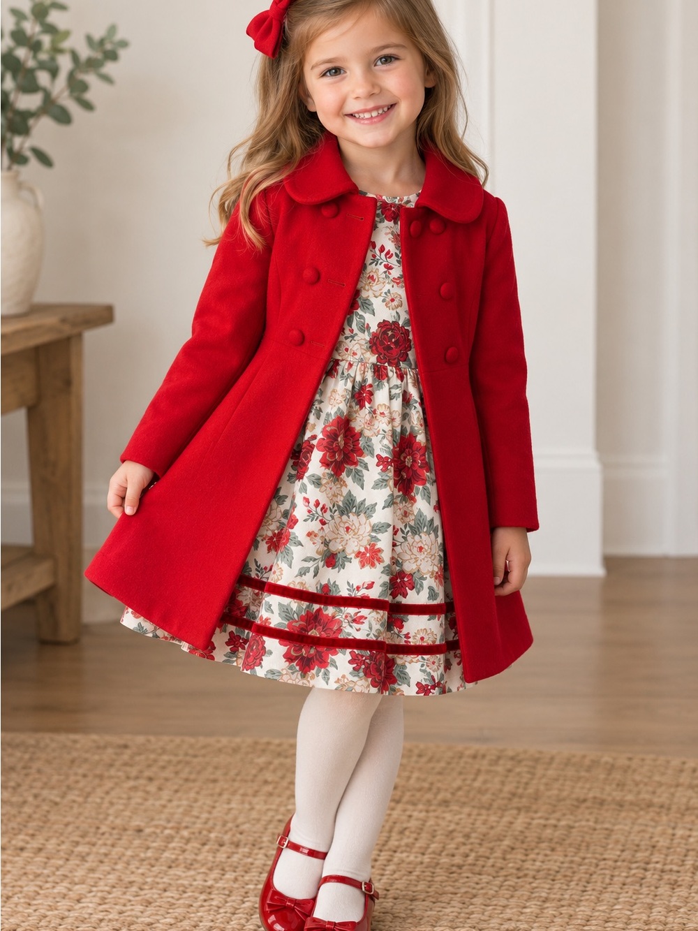 Catherine Malandrino Girls Red Double-Breasted Wool Pea Coat